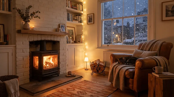 A cozy corner electric fireplace for small space living room setup during a snowy Canadian winter evening