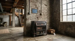 Industrial style corner electric fireplace for small space loft with exposed brick walls