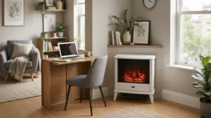 Compact corner electric fireplace for small space studio apartment maximizing floor area