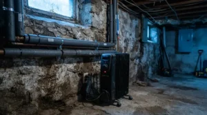 A crawl space heater for cold climate operating near insulated plumbing lines during sub-zero winter weather.