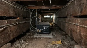 A low-profile crawl space heater for cold climate positioned under tight floor joists.