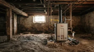 A crawl space heater for cold climate installed inside an unfinished concrete foundation to maintain warmth.