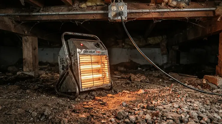 A heavy-duty crawl space heater for cold climate operating during a harsh winter freeze.