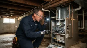 Annual home maintenance check involving a crawl space heater to prevent frozen pipes.