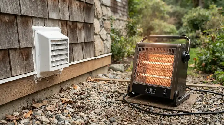 Sealed foundation vents and a crawl space heater to prevent frozen pipes in winter.