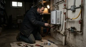 Installing a crawl space heater to prevent frozen pipes in a residential home during a cold Canadian winter.