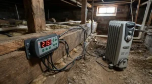 A crawl space heater to prevent frozen pipes connected to a digital freeze warning thermostat.