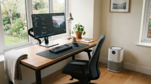 Comfortable home office setup utilizing a dehumidifying heater for humid basement working conditions.