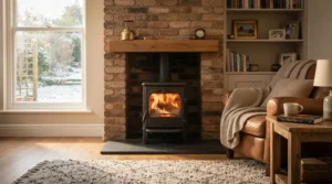 A modern dehumidifying heater for humid basement living space keeping the room warm and dry during winter.