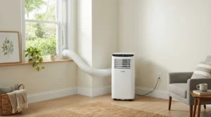 Clean wall corner protected by a dehumidifying heater for humid basement mould prevention strategies.