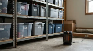 Packed storage shelves protected by a dehumidifying heater for humid basement seasonal storage areas.