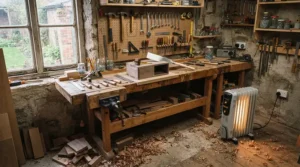 Workbench setup featuring a dehumidifying heater for humid basement workshop environments protecting tools from rust.