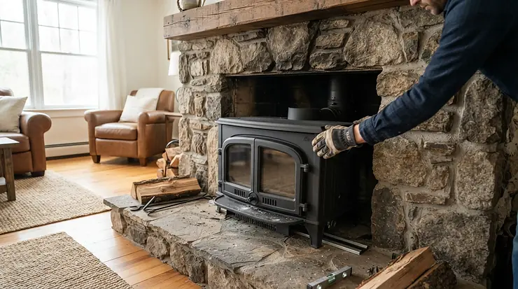 Close-up of an electric fireplace insert for existing fireplace fitted neatly into a classic masonry hearth opening.