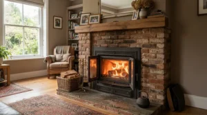 A modern electric fireplace insert for existing fireplace installed in a cozy living room during winter in Canada.