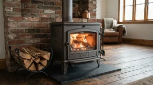 A zero-clearance electric fireplace insert for existing fireplace sitting ready for placement in a living space.