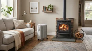 An electric fireplace insert vs freestanding electric fireplace shown in a modern Canadian living room setting.