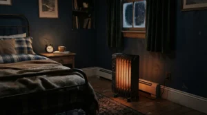Portable freestanding electric fireplace for apartment bedroom providing supplemental warmth on a chilly evening