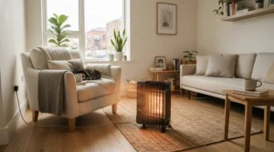 A modern freestanding electric fireplace for apartment living room with glowing logs and a cozy ambiance