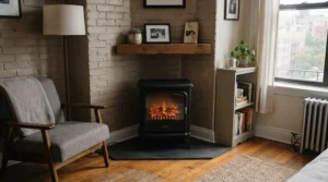 Compact freestanding electric fireplace for apartment maximizing floor space in a cozy studio layout