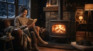 Cozy freestanding electric fireplace for apartment homes keeping residents warm on freezing winter nights