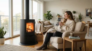 Energy-efficient freestanding electric fireplace for apartment zone heating in a high-rise building