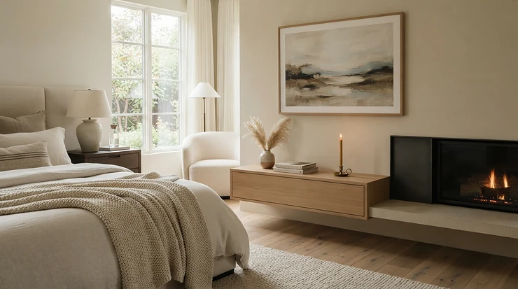 Elegant mantel electric fireplace for Canadian home bedrooms providing gentle nighttime ambient warmth.