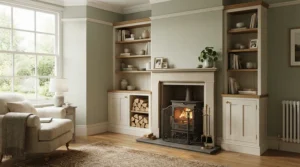 Space-efficient corner mantel electric fireplace for Canadian home layouts and cozy seating areas.