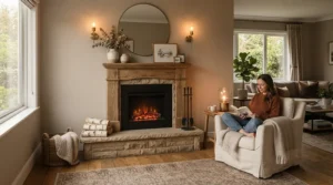 A cosy mantel electric fireplace for Canadian home living rooms, featuring a classic wood surround and warm flickering flames.