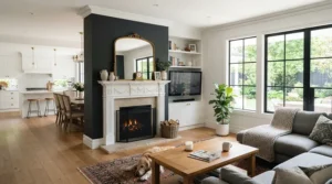 Modern classic mantel electric fireplace for Canadian home open-concept living spaces and family rooms.