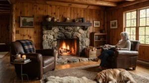 Rustic mantel electric fireplace for Canadian home dens with exposed timber accents and cozy seating.