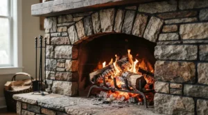 Stone finish mantel electric fireplace for Canadian home interiors with durable surround materials.