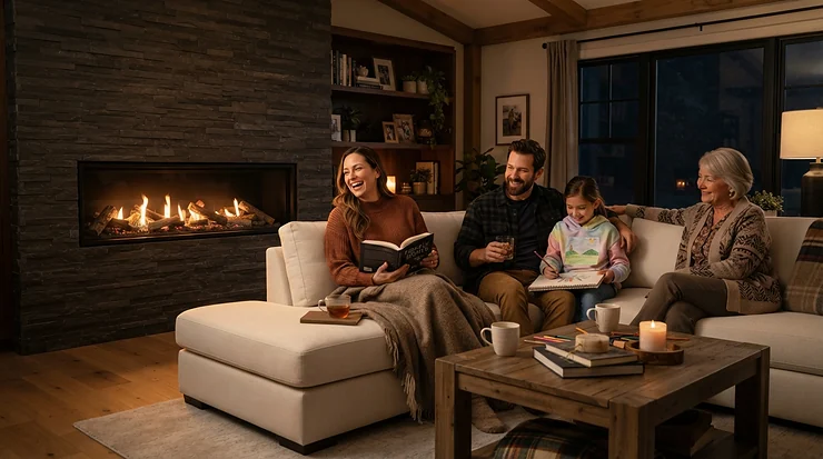 A family enjoying cozy evenings beside a modern wall mount electric fireplace for living room in Calgary.