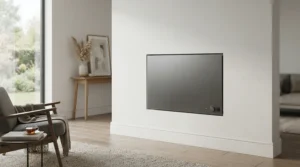 A flush mount wall mount electric fireplace for living room creating a seamless built-in look in a Vancouver home.