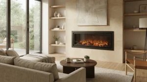 A minimalist wall mount electric fireplace for living room complementing Scandinavian interior design aesthetics.