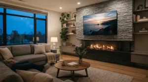 A sleek wall mount electric fireplace for living room set below a wall-mounted TV in a cozy Toronto condo.