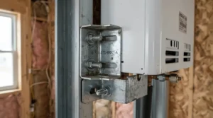 Detailed view of wall mounting hardware securing a heavy wall mount electric fireplace for living room to drywall studs.
