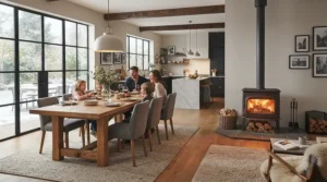Matching heat output for room size using a wide wall mount electric fireplace for living room in an open-concept space.